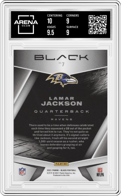 Lamar Jackson from the 2021 Panini Black set featuring a Sapphire parallel graded by Arena Club and given an overall grade of 9.5.