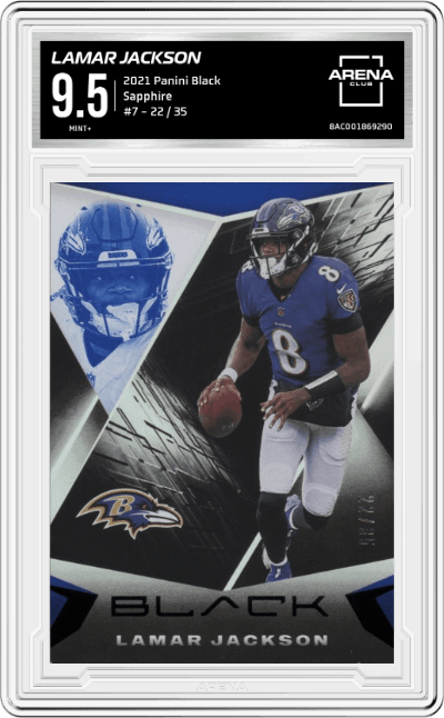 Lamar Jackson from the 2021 Panini Black set featuring a Sapphire parallel graded by Arena Club and given an overall grade of 9.5.