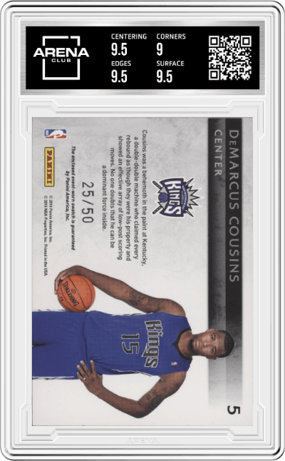 Demarcus Cousins  from the 2010-11 Panini Threads set featuring a Prime parallel graded by Arena Club and given an overall grade of 9.5.