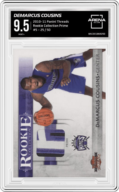 Demarcus Cousins  from the 2010-11 Panini Threads set featuring a Prime parallel graded by Arena Club and given an overall grade of 9.5.