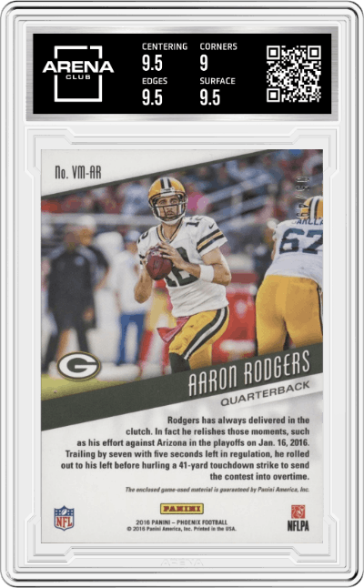 Aaron Rodgers from the 2016 Panini Phoenix set graded by Arena Club and given an overall grade of 9.5.
