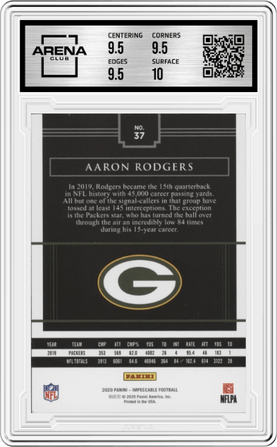 Aaron Rodgers from the 2020 Panini Impeccable set featuring a Silver parallel graded by Arena Club and given an overall grade of 10.