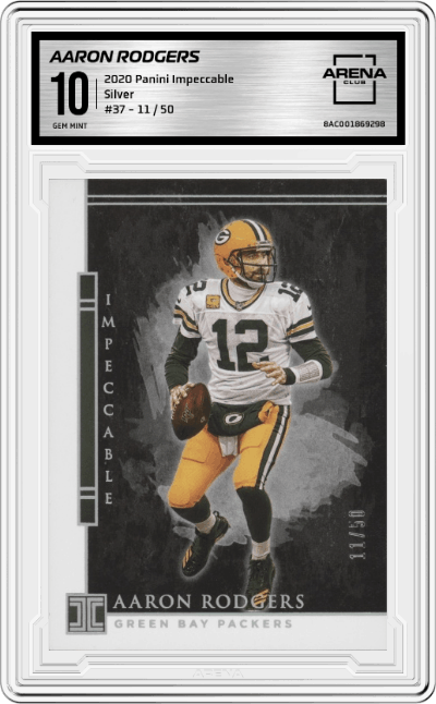 Aaron Rodgers from the 2020 Panini Impeccable set featuring a Silver parallel graded by Arena Club and given an overall grade of 10.