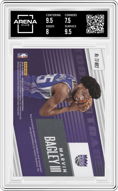 Marvin Bagley III from the 2018-19 Panini Absolute Memorabilia Basketball set graded by Arena Club and given an overall grade of 8.