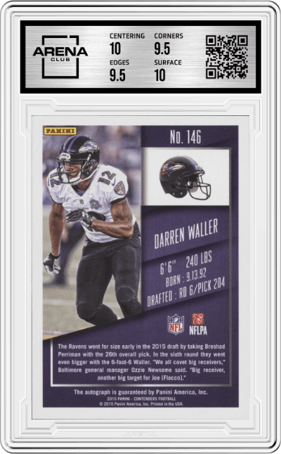 Darren Waller from the 2015 Panini Contenders set graded by Arena Club and given an overall grade of 10.