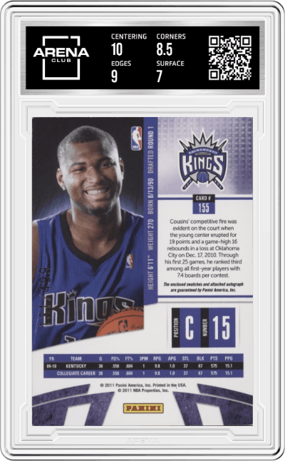 DeMarcus Cousins from the  2010-11 Panini Absolute Memorabilia set featuring a   parallel graded by Arena Club and given an overall grade of 7.5.