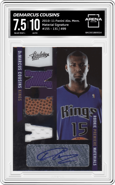 DeMarcus Cousins from the  2010-11 Panini Absolute Memorabilia set featuring a   parallel graded by Arena Club and given an overall grade of 7.5.