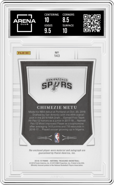 Chimezie Metu from the 2018-19 Panini National Treasures Basketball set featuring a Emerald parallel graded by Arena Club and given an overall grade of 9.