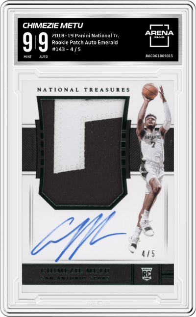 Chimezie Metu from the 2018-19 Panini National Treasures Basketball set featuring a Emerald parallel graded by Arena Club and given an overall grade of 9.