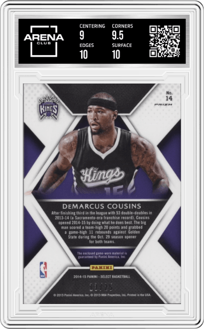 DeMarcus Cousins from the 2014-15 Panini Select Basketball set featuring a Tie-Dye parallel graded by Arena Club and given an overall grade of 9.5.