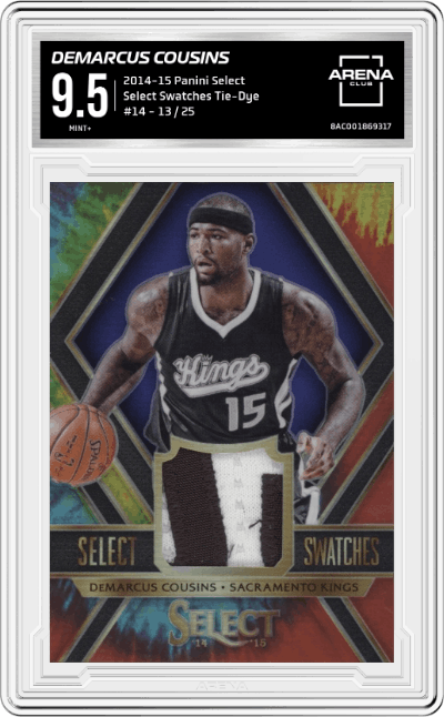 DeMarcus Cousins from the 2014-15 Panini Select Basketball set featuring a Tie-Dye parallel graded by Arena Club and given an overall grade of 9.5.