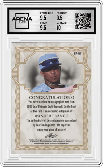 Wander Franco from the 2020 Leaf Ultimate Draft set graded by Arena Club and given an overall grade of 10.