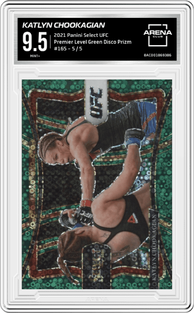 Katlyn Chookagian from the 2021 Panini Select UFC set featuring a Disco Prizms Green parallel graded by Arena Club and given an overall grade of 9.5.