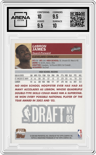 LeBron James from the 2003-04 Topps set graded by Arena Club and given an overall grade of 10.