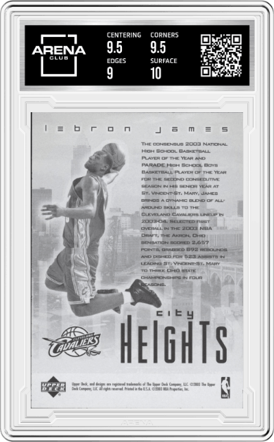 LeBron James from the 2003-04 Upper Deck set graded by Arena Club and given an overall grade of 9.5.