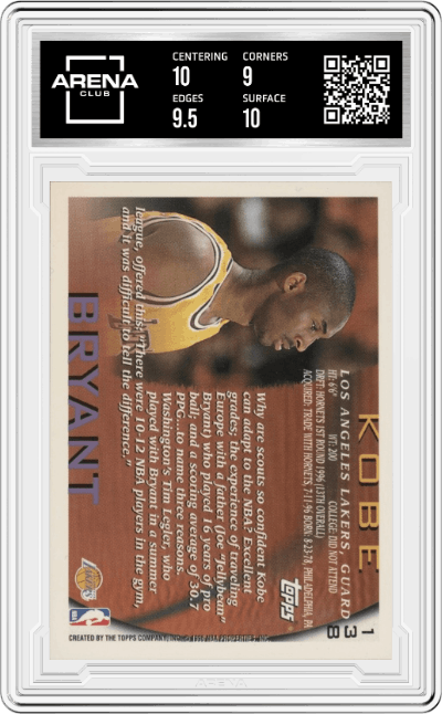 Kobe Bryant  from the 1996-97 Topps set graded by Arena Club and given an overall grade of 9.5.