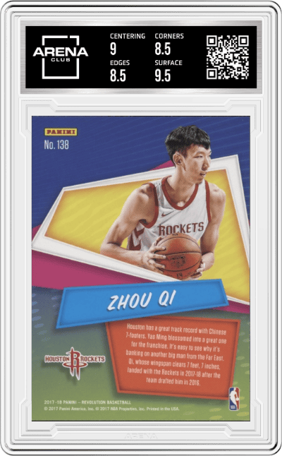 Zhou Qi from the 2017-18 Panini Revolution set featuring a Chinese New Year parallel graded by Arena Club and given an overall grade of 9.