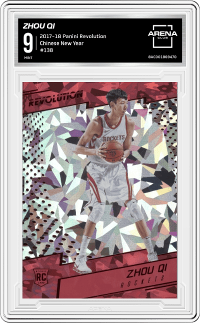 Zhou Qi from the 2017-18 Panini Revolution set featuring a Chinese New Year parallel graded by Arena Club and given an overall grade of 9.