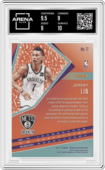 Jeremy Lin from the 2017-18 Panini Revolution set featuring a Chinese New Year parallel graded by Arena Club and given an overall grade of 9.5.