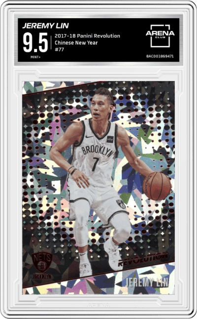 Jeremy Lin from the 2017-18 Panini Revolution set featuring a Chinese New Year parallel graded by Arena Club and given an overall grade of 9.5.