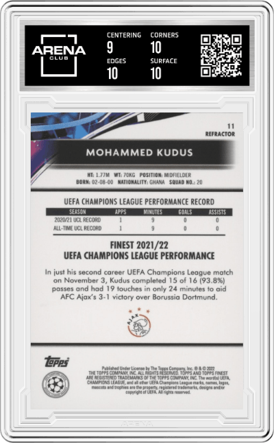 Mohammed Kudus from the 2021-22 Topps Finest UEFA Champions League set featuring a Refractor parallel graded by Arena Club and given an overall grade of 9.5.