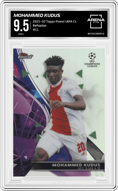 Mohammed Kudus from the 2021-22 Topps Finest UEFA Champions League set featuring a Refractor parallel graded by Arena Club and given an overall grade of 9.5.