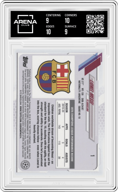 Lionel Messi from the 2020-21 Topps Chrome Sapphire Edition UEFA Champions League set graded by Arena Club and given an overall grade of 9.5.