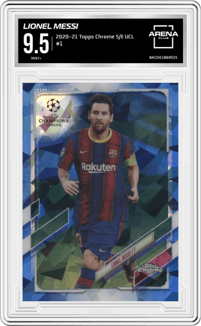 Lionel Messi from the 2020-21 Topps Chrome Sapphire Edition UEFA Champions League set graded by Arena Club and given an overall grade of 9.5.