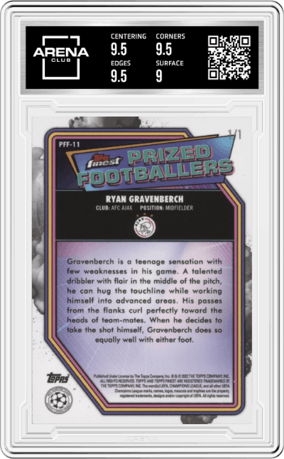 Ryan Gravenberch from the 2021-22 Topps Finest UEFA Champions League set featuring a SuperFractor parallel graded by Arena Club and given an overall grade of 9.5.