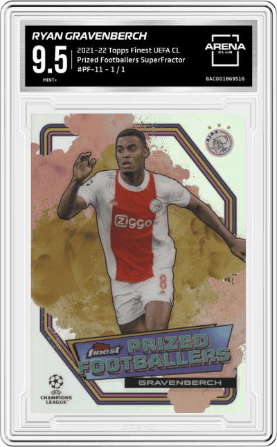 Ryan Gravenberch from the 2021-22 Topps Finest UEFA Champions League set featuring a SuperFractor parallel graded by Arena Club and given an overall grade of 9.5.