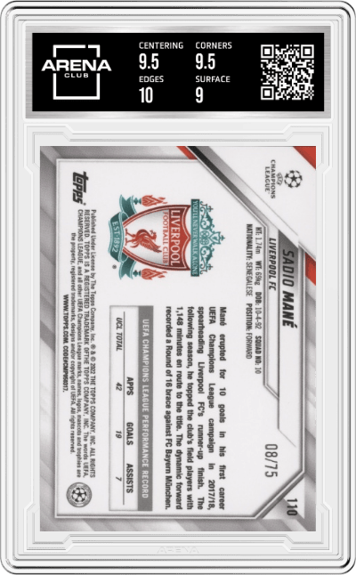 Sadio Mane from the 2021-22 Topps Chrome Sapphire UEFA set featuring a Green parallel graded by Arena Club and given an overall grade of 9.5.