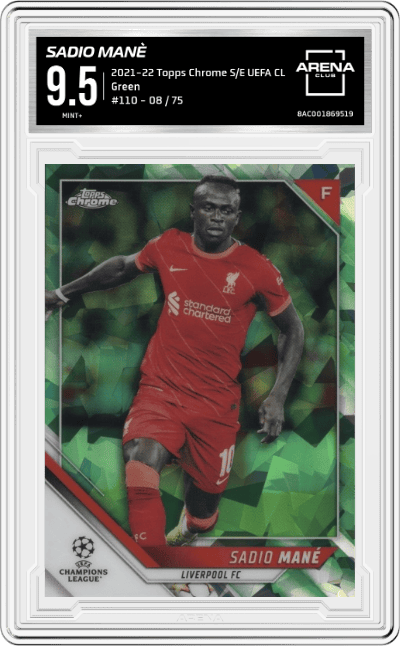 Sadio Mane from the 2021-22 Topps Chrome Sapphire UEFA set featuring a Green parallel graded by Arena Club and given an overall grade of 9.5.