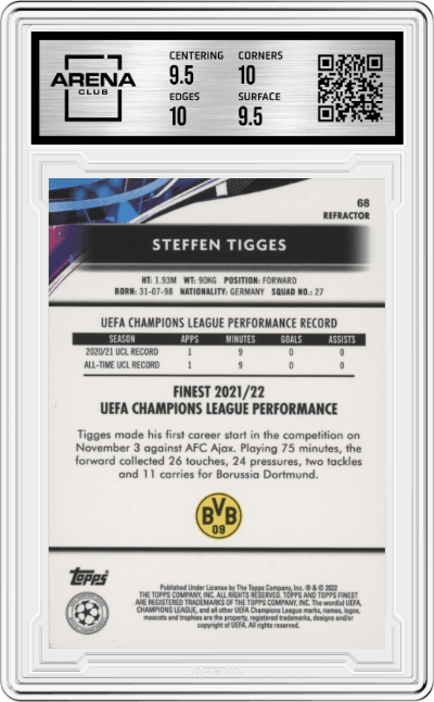 Steffen Tigges from the 2021-22 Topps Finest UEFA Champions League set featuring a Refractor parallel graded by Arena Club and given an overall grade of 10.