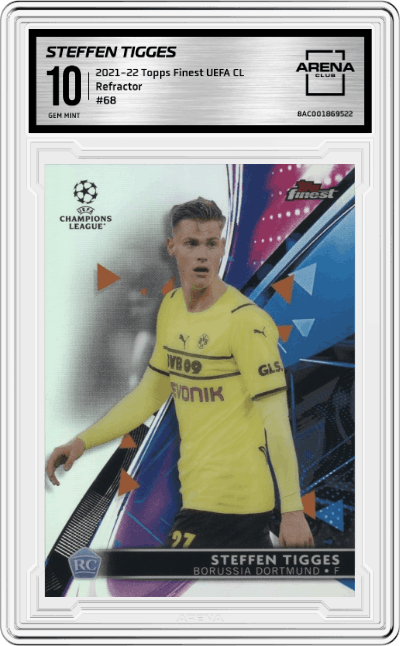 Steffen Tigges from the 2021-22 Topps Finest UEFA Champions League set featuring a Refractor parallel graded by Arena Club and given an overall grade of 10.