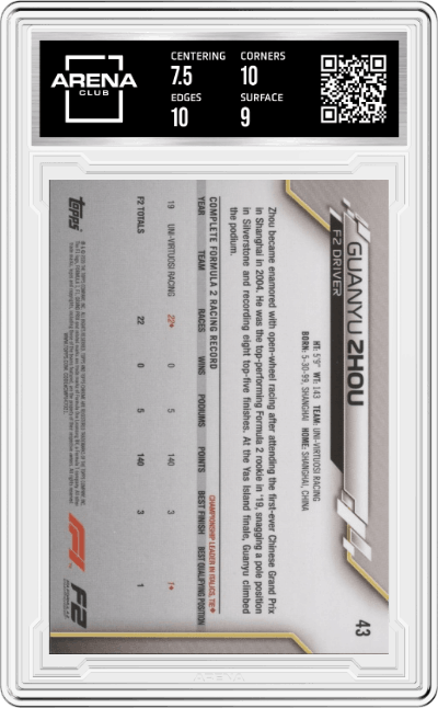 Guanyu Zhou from the 2020 Topps Chrome Sapphire Formula 1  set graded by Arena Club and given an overall grade of 8.