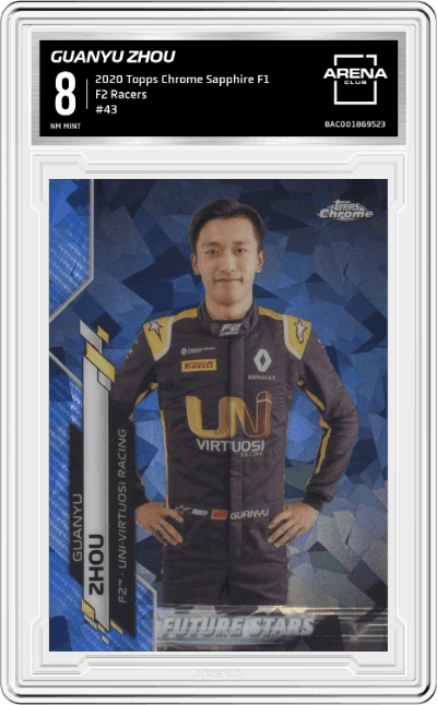 Guanyu Zhou from the 2020 Topps Chrome Sapphire Formula 1  set graded by Arena Club and given an overall grade of 8.
