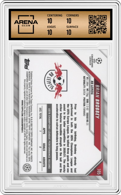 Brian Brobbey from the 2021-22 Topps Chrome S/E UEFA CL set graded by Arena Club and given an overall grade of 10.