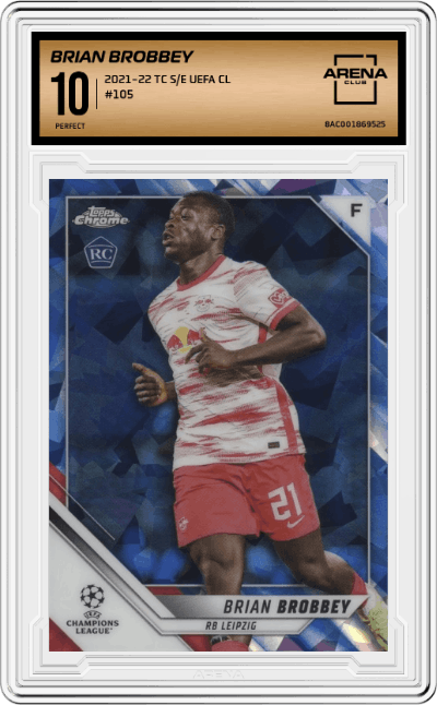 Brian Brobbey from the 2021-22 Topps Chrome S/E UEFA CL set graded by Arena Club and given an overall grade of 10.