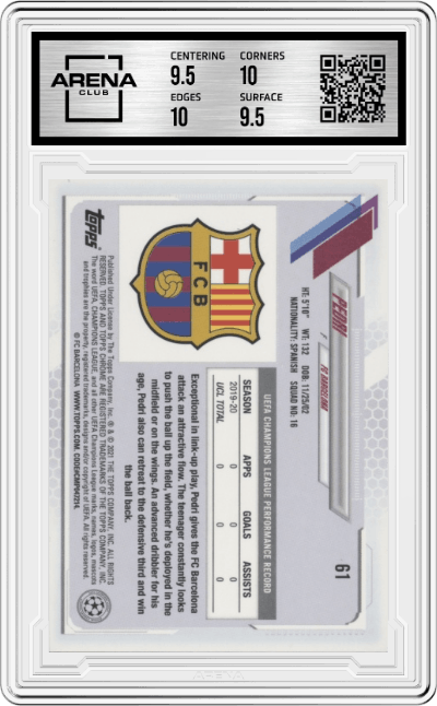 Pedri from the 2020-21 Topps Chrome Sapphire Edition UEFA Champions League set graded by Arena Club and given an overall grade of 10.