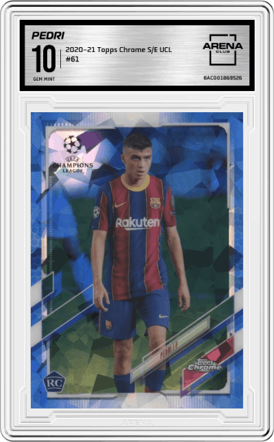 Pedri from the 2020-21 Topps Chrome Sapphire Edition UEFA Champions League set graded by Arena Club and given an overall grade of 10.