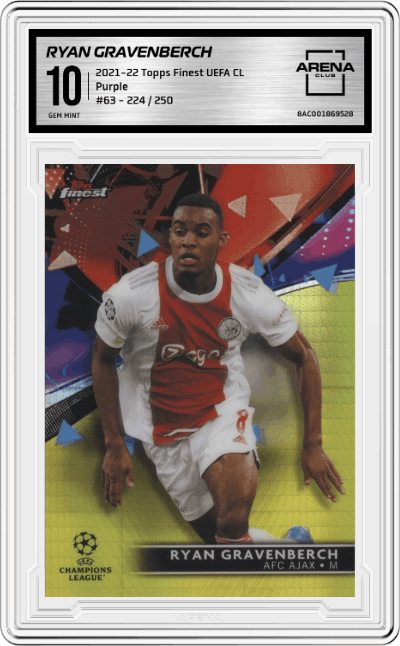 Ryan Gravenberch from the 2021-22 Topps Finest UEFA Champions League set featuring a Yellow Prism Refractor parallel graded by Arena Club and given an overall grade of 10.