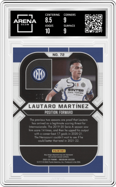 Lautaro Martinez from the 2021-22 Panini Obsidian set featuring a Electric Etch Neon Green Flood parallel graded by Arena Club and given an overall grade of 9.
