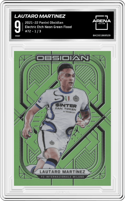Lautaro Martinez from the 2021-22 Panini Obsidian set featuring a Electric Etch Neon Green Flood parallel graded by Arena Club and given an overall grade of 9.