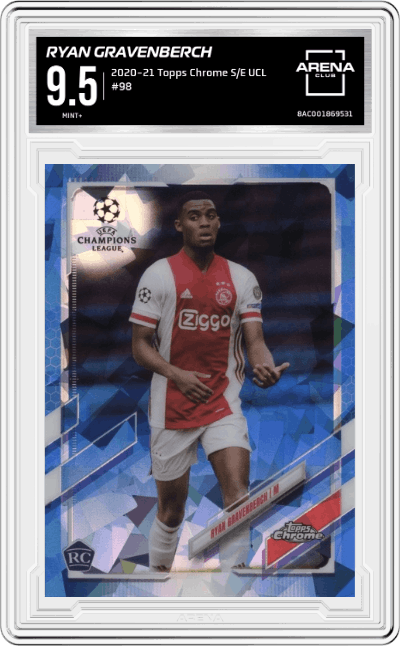 Ryan Gravenberch from the 2020-21 Topps Chrome Sapphire Edition UEFA Champions League set graded by Arena Club and given an overall grade of 9.5.