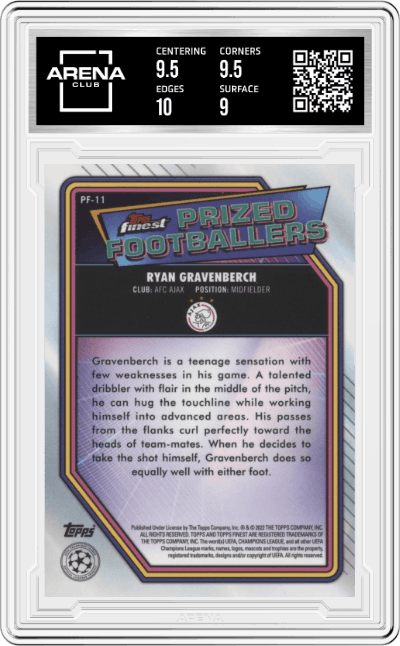 Ryan Gravenberch from the 2021-22 Topps Finest UEFA Champions League set graded by Arena Club and given an overall grade of 9.5.