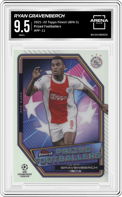 Ryan Gravenberch from the 2021-22 Topps Finest UEFA Champions League set graded by Arena Club and given an overall grade of 9.5.