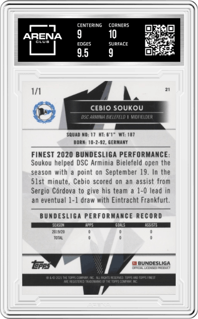 Cebio Soukou from the 2020-21 Topps Finest Bundesliga set featuring a SuperFractor  parallel graded by Arena Club and given an overall grade of 9.5.