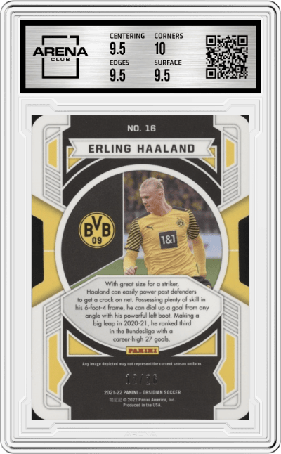 Erling Haaland from the 2021-22 Panini Obsidian set featuring a Electric Etch Red Pulsar parallel graded by Arena Club and given an overall grade of 10.