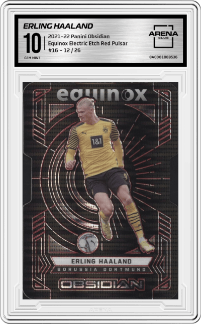 Erling Haaland from the 2021-22 Panini Obsidian set featuring a Electric Etch Red Pulsar parallel graded by Arena Club and given an overall grade of 10.
