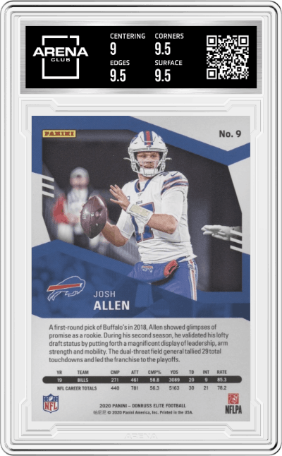 Josh Allen from the 2020 Panini Donruss Elite set featuring a Orange parallel graded by Arena Club and given an overall grade of 9.5.
